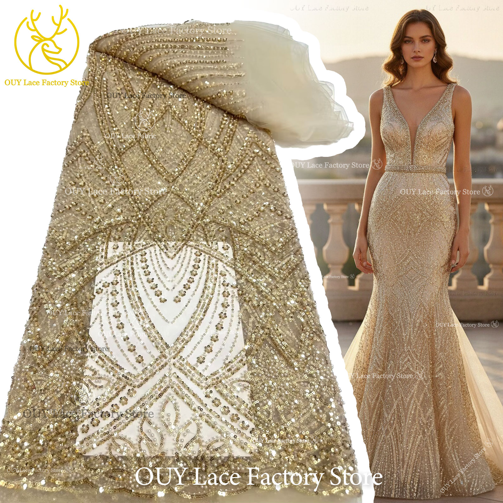 African Gold Beaded Lace Fabri - Glitter Tablecloth 리뷰 및 가격